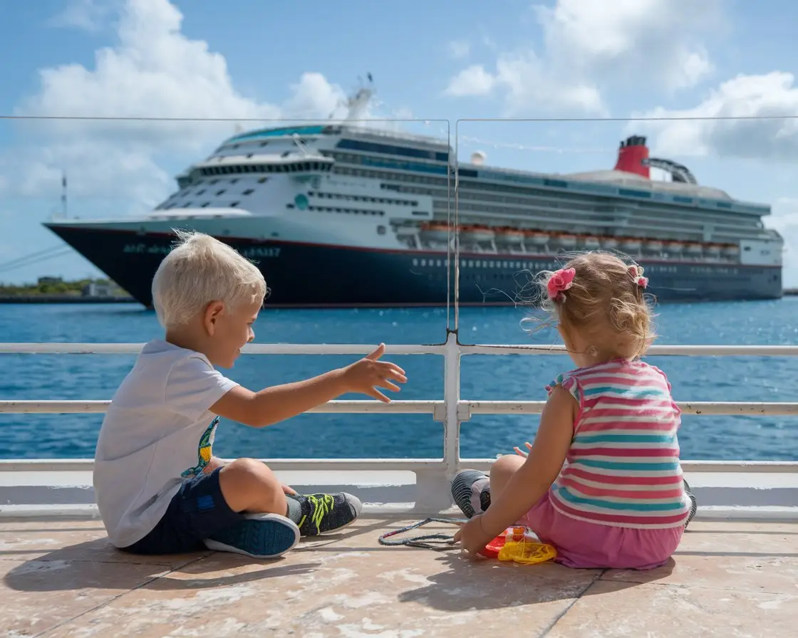 Boy and a girl sitting on the floor playing. There is a cruise ship in the background on a sunny day at Cruise Port of Nassau, Bahamas