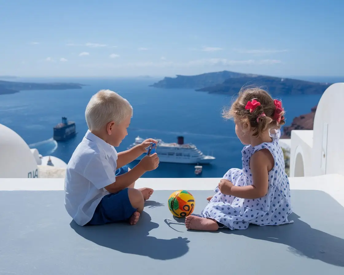 Boy and a girl sitting on the floor playing. There is a cruise ship in the background on a sunny day at Santorini