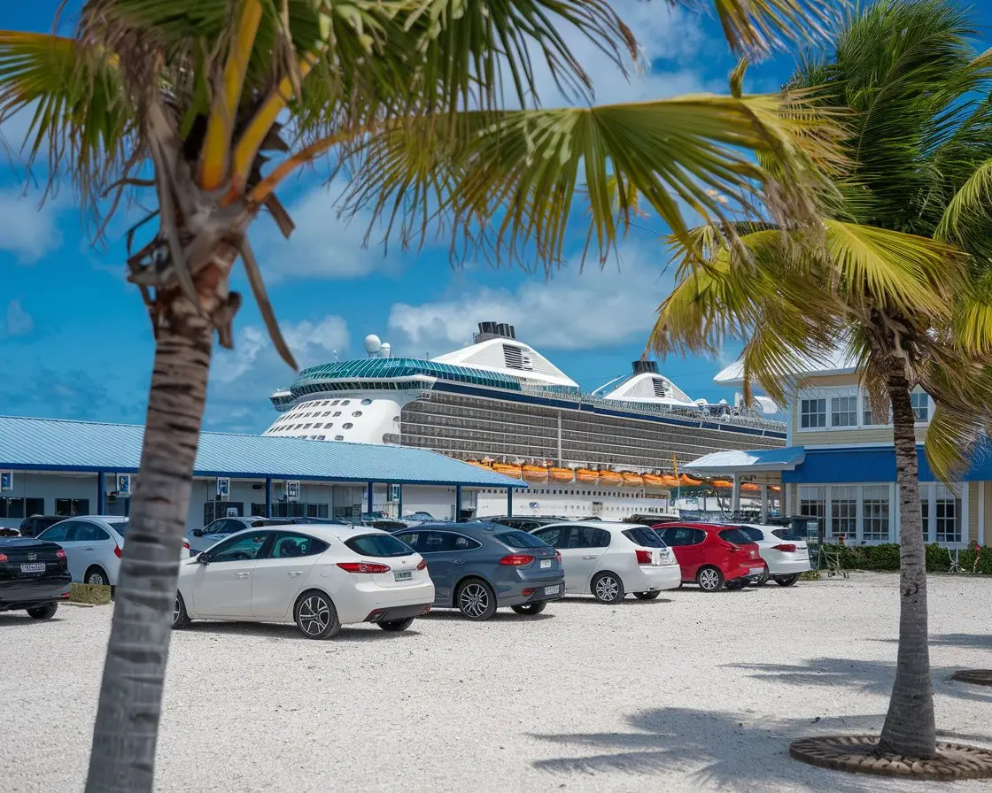 Cars parked at the Cruise Port of Nassau, Bahamas with a cruise ship in the background on a sunny day