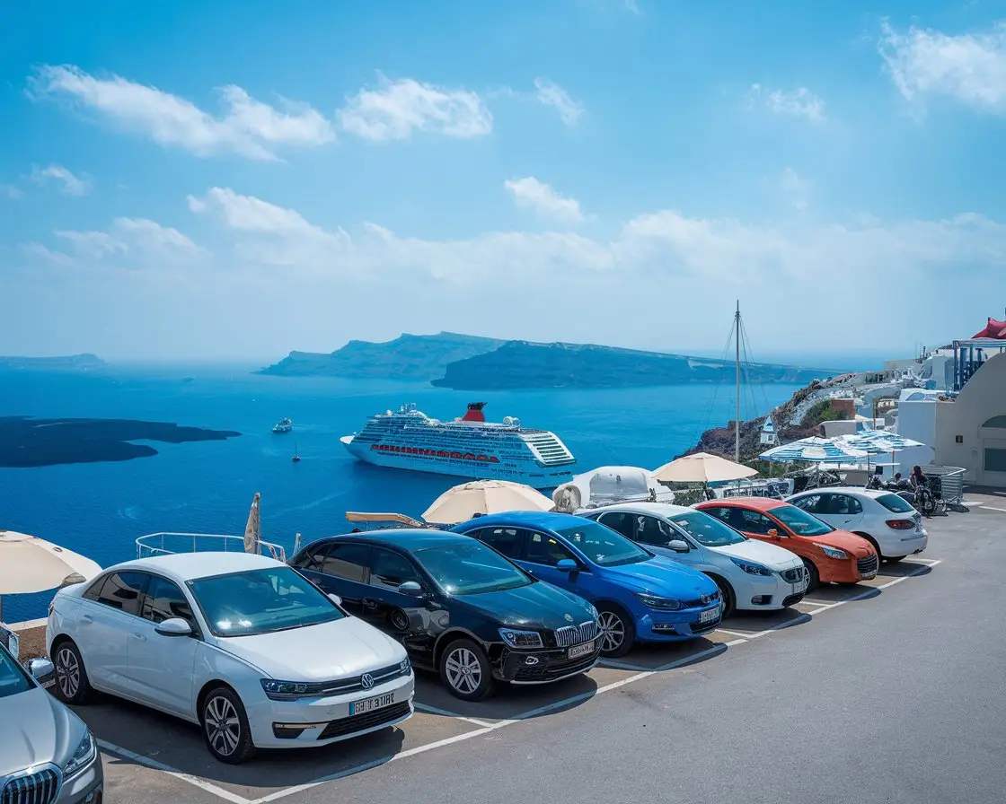 Cars parked at the Cruise Port of Santorini, Greece with a cruise ship in the background on a sunny day