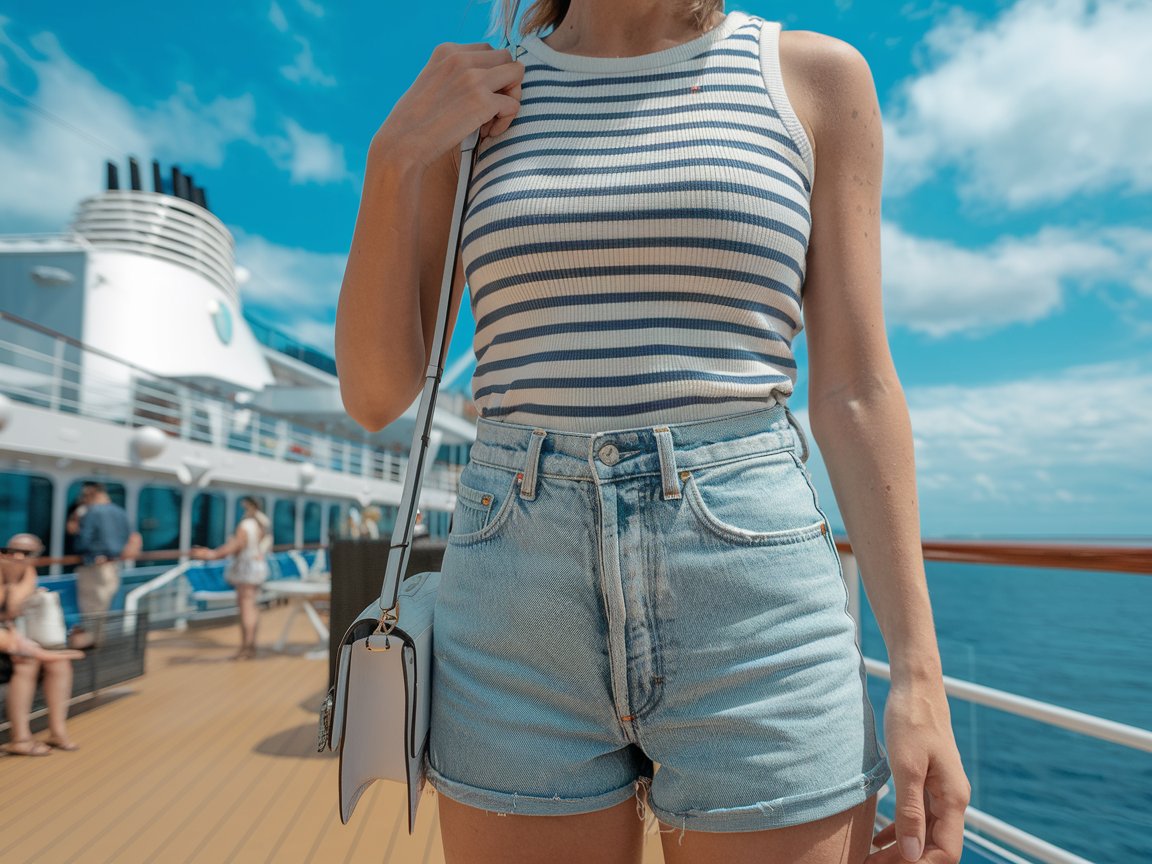 Slip into a pair of high-waisted denim shorts and a striped sailor-inspired tank top. Throw on white sneakers and a crossbody bag for hands-free movement around the ship. A quick go-to for daytime lounging at a cafe on a cruise ship. sunny day.