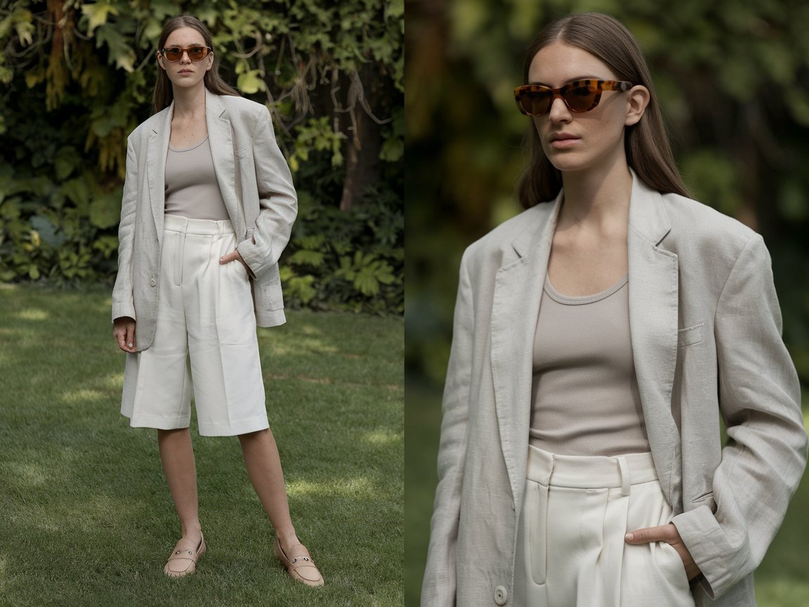 She opts for a linen blazer in beige, paired with white tailored shorts and a simple tank top. Choose loafers or slip-on sneakers for all-day comfort and accessorize with a slim leather belt and tortoiseshell sunglasses. Sunny day.