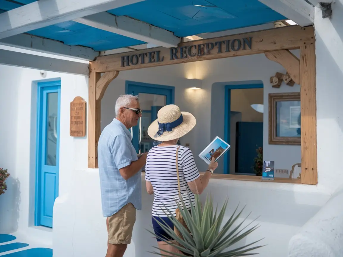 Couple at the reception of their hotel the day before departing from Santorini port