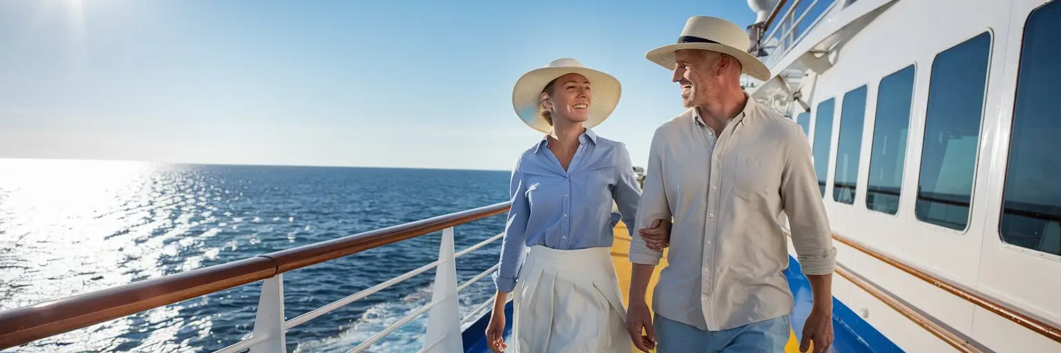 Couple enjoying a walk on the deck of an affordable cruise ship