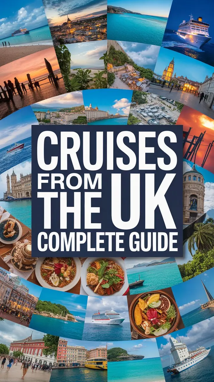 A vibrant, collage-style advertisement promoting cruises departing from the UK features a dynamic arrangement of travel imagery excluding any cruise ship depictions. The composition showcases diverse scenes like sun-drenched beaches with turquoise water, bustling European cityscapes with historic architecture, lush tropical landscapes, and close-ups of authentic local cuisine, all interwoven to evoke a sense of adventure and discovery. A large, bold white box overlays the imagery with the prominent text "Cruises from the UK Complete Guide" using a clean, sans-serif typeface, ensuring maximum visibility and impact, while the overall aesthetic emphasizes a sense of excitement and effortless exploration, creating an invitation to discover the world. The bright, saturated colors and dynamic layout communicate a feeling of freedom and the promise of unforgettable travel experiences, capturing the essence of a seamless vacation planning journey.