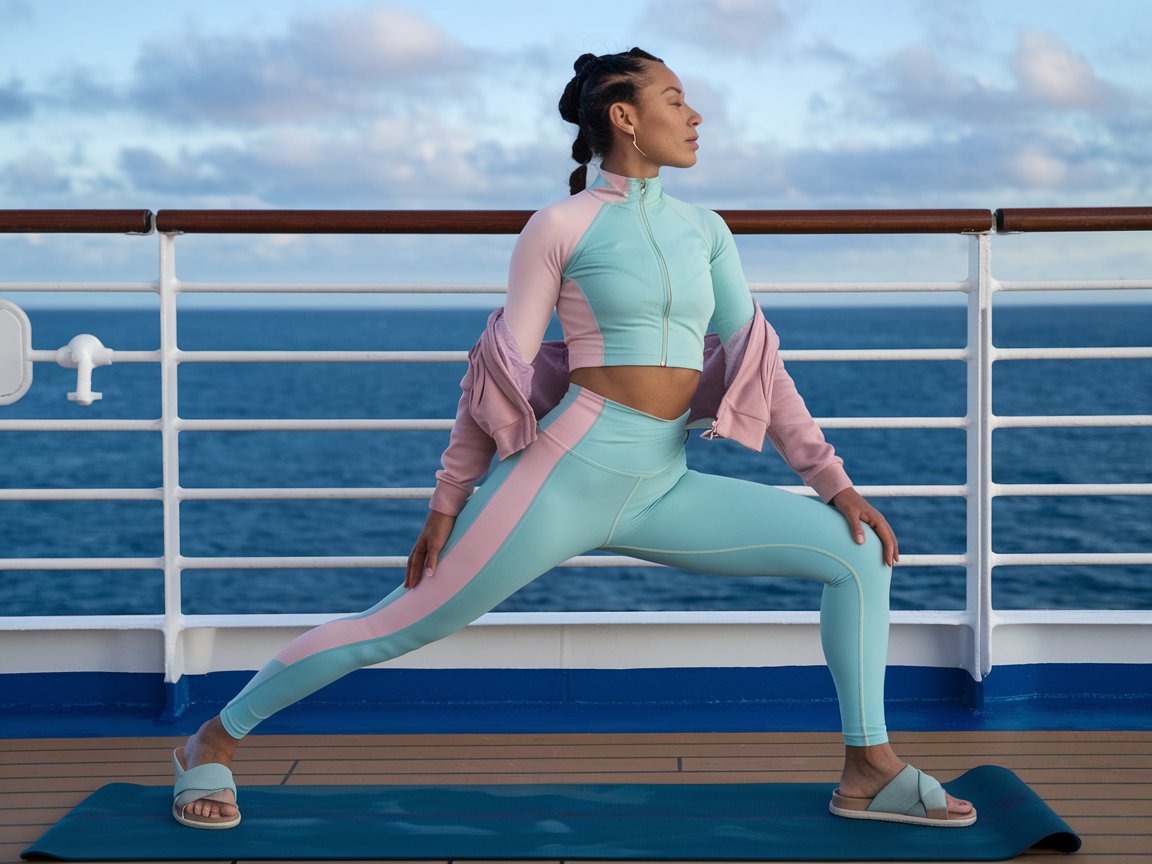 Early Morning Yoga: Go with high-waisted yoga leggings and a cropped workout top in a coordinating pastel color. Add a zip-up hoodie for warmth and slip-on athletic sandals. On the deck of a cruise ship.