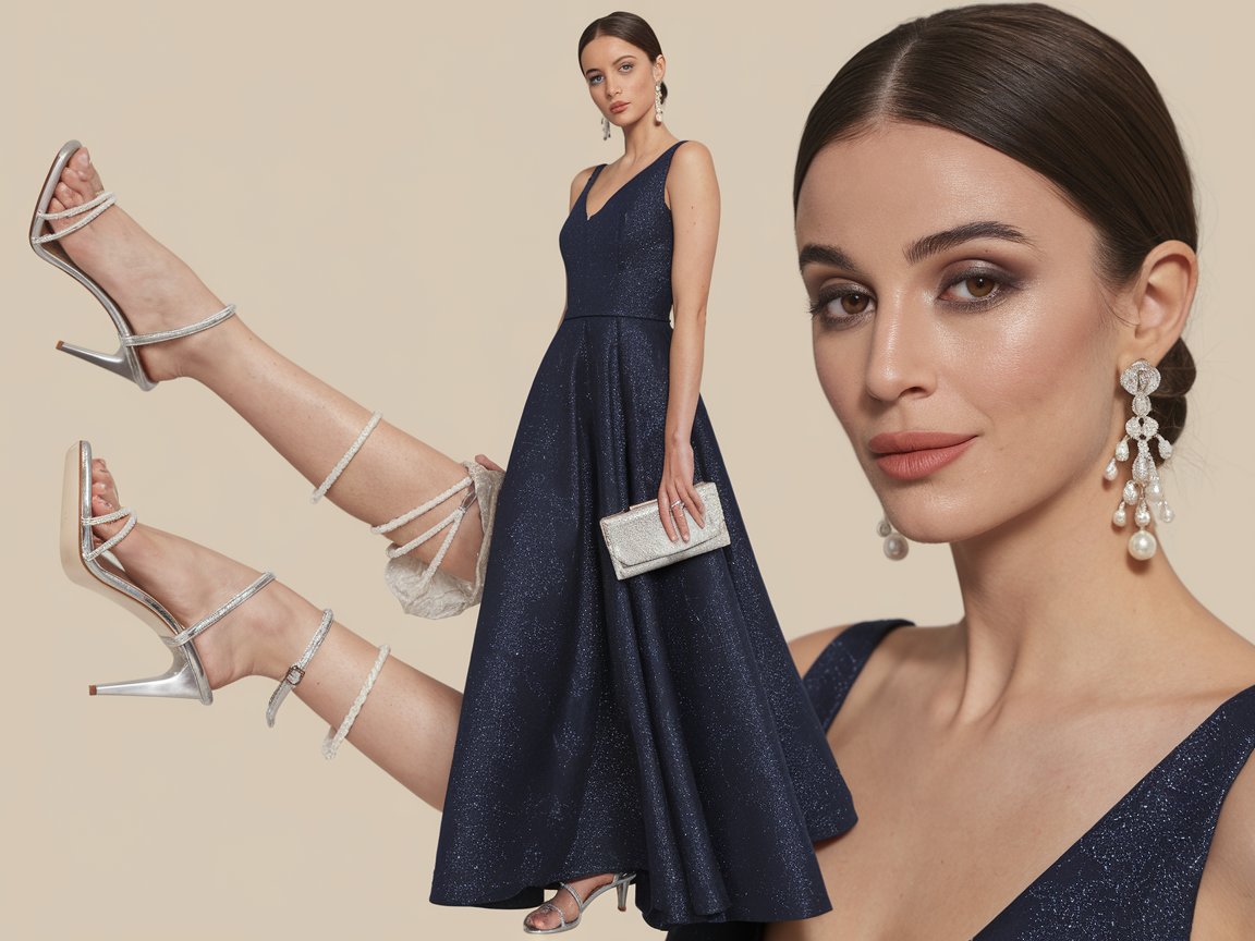 Step out in a floor-length navy gown with a slight shimmer, paired with silver strappy heels and a matching silver clutch. Accessorize with pearl drop earrings and a sleek updo for added sophistication. Finish the look with a soft smoky eye and nude lipstick to make a lasting impression at formal dinners.