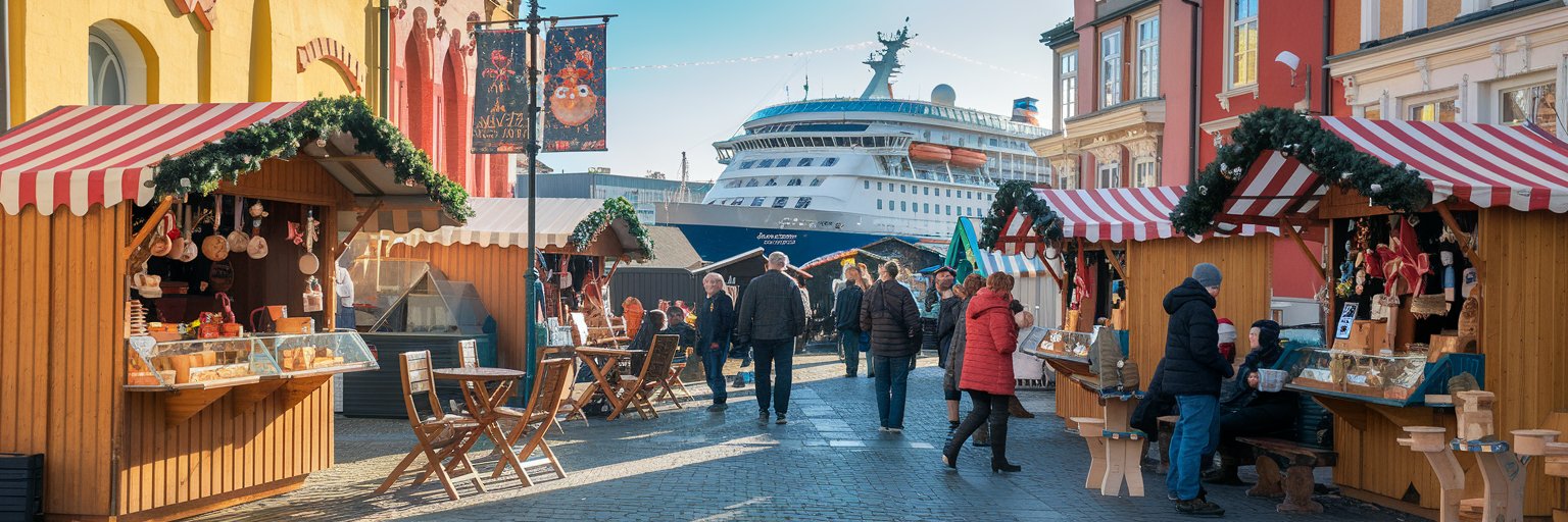 European christmas markets with a cruise ship in the background