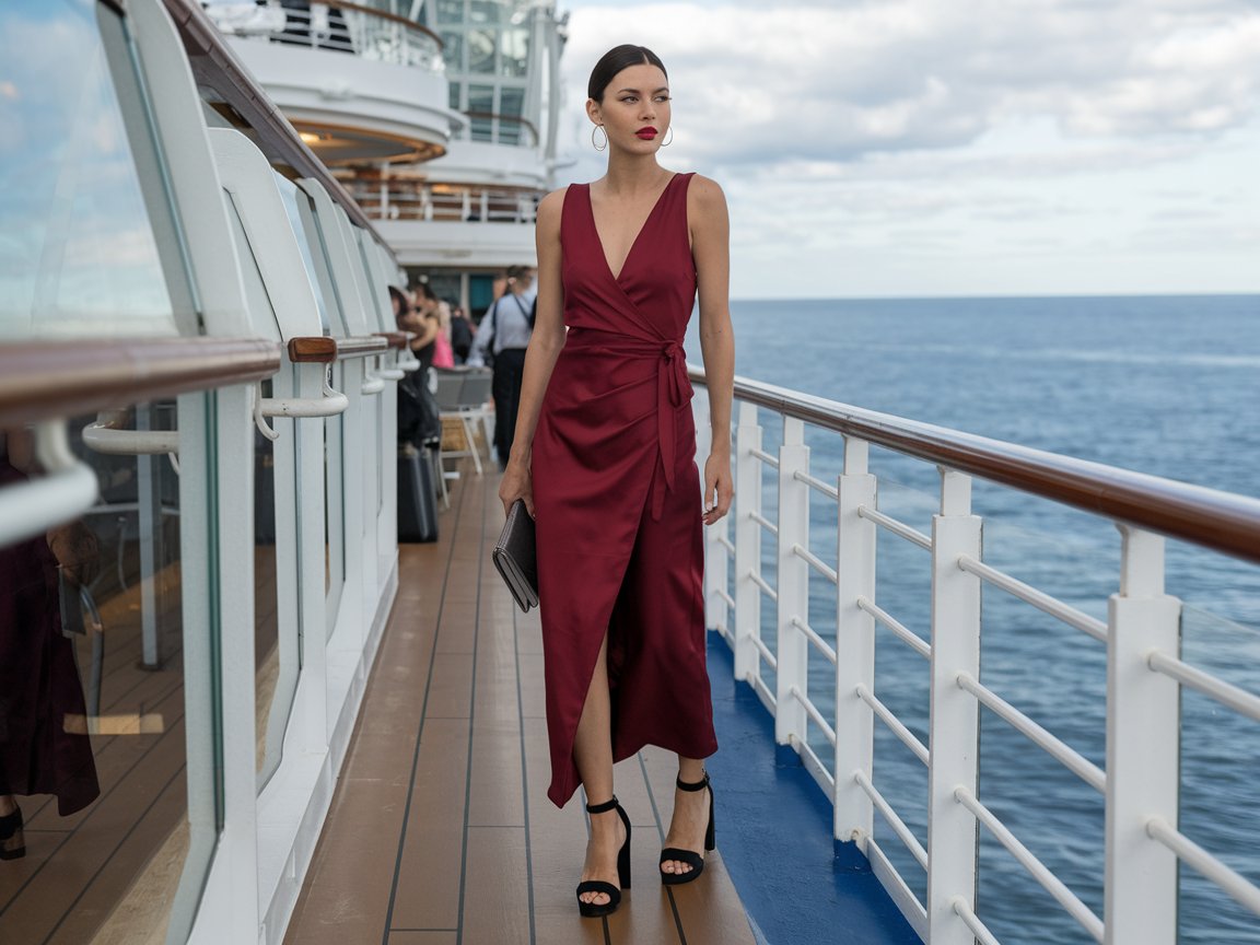 A sleek wrap dress in deep red paired with black block heels and a small clutch. Add a swipe of bold lipstick and small hoop earrings to finish the look. Perfect for enjoying cocktails at the bar on a cruise ship.