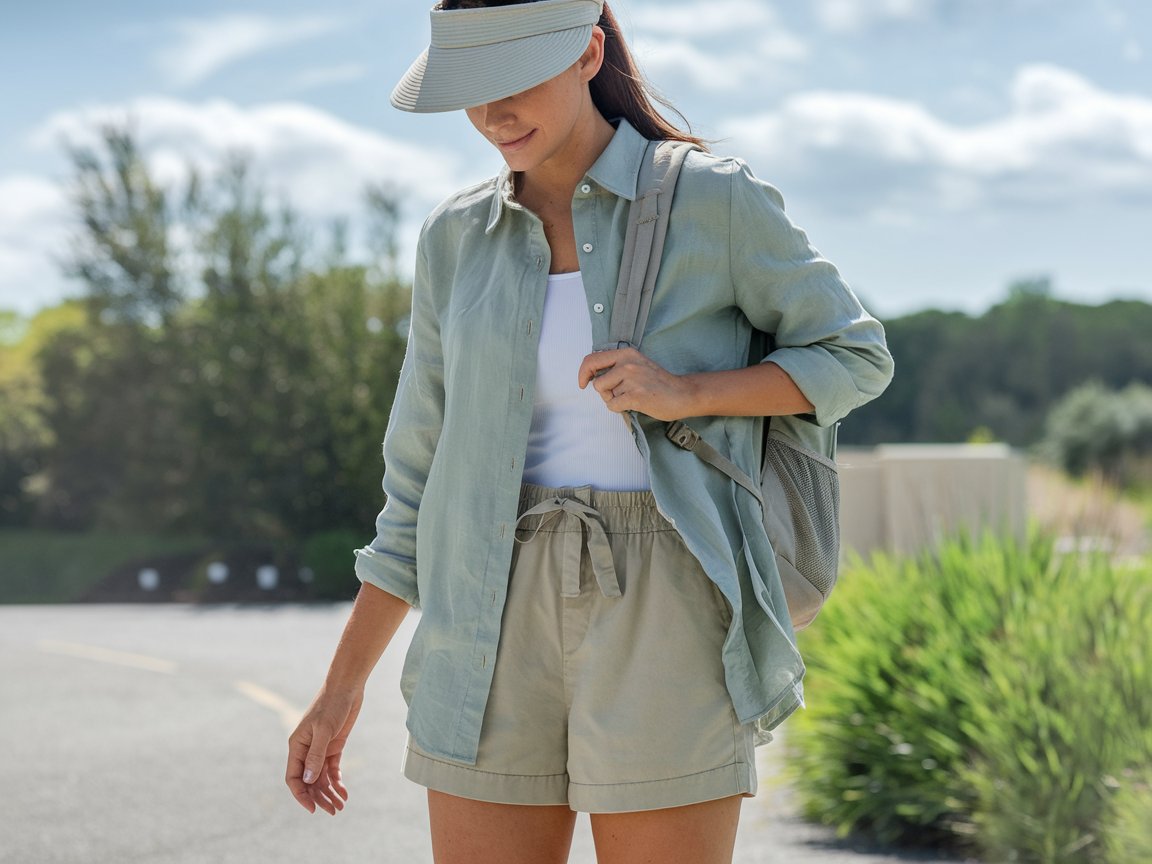 Opt for khaki shorts and a breathable linen button-down in sage green, paired with sturdy, waterproof walking sandals. Add a light backpack for essentials and a sun visor to keep the rays at bay. Great for active port days when she is exploring city streets or hiking trails. Sunny day.