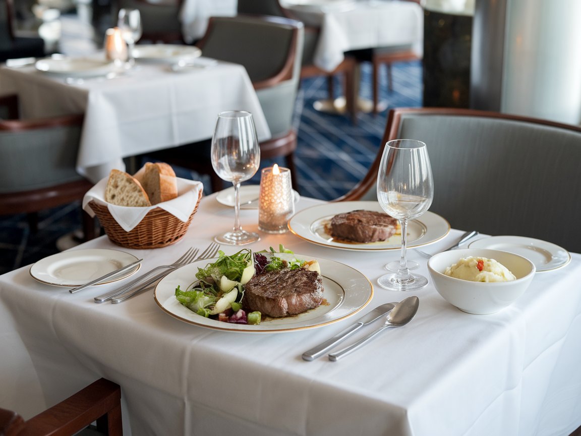 Fine dining meal on the table on a cruise ship