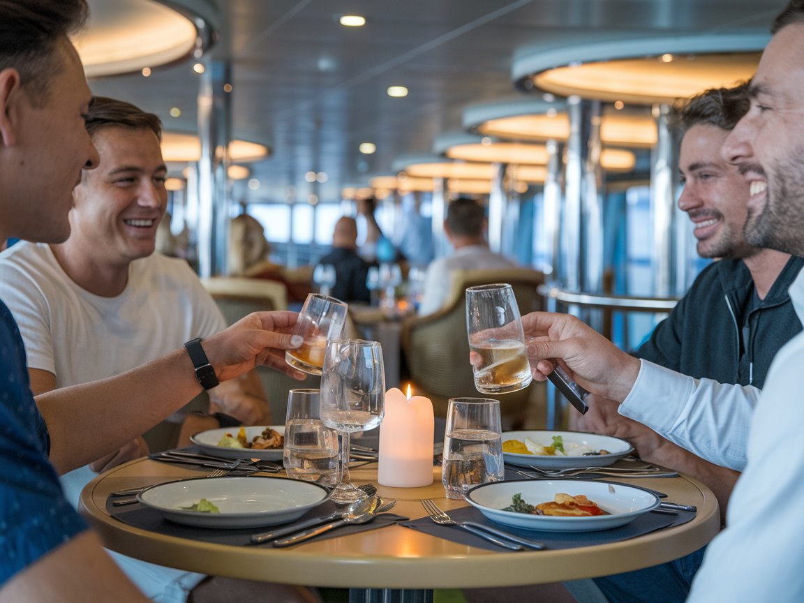 Four men having dinner on a cruise ship