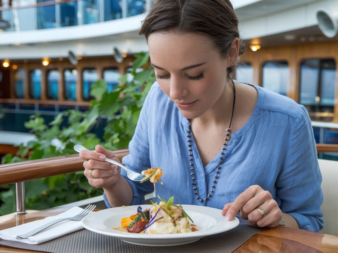 Lady enjoying her meal close to the great location she picked for her cabin on a cruise ship