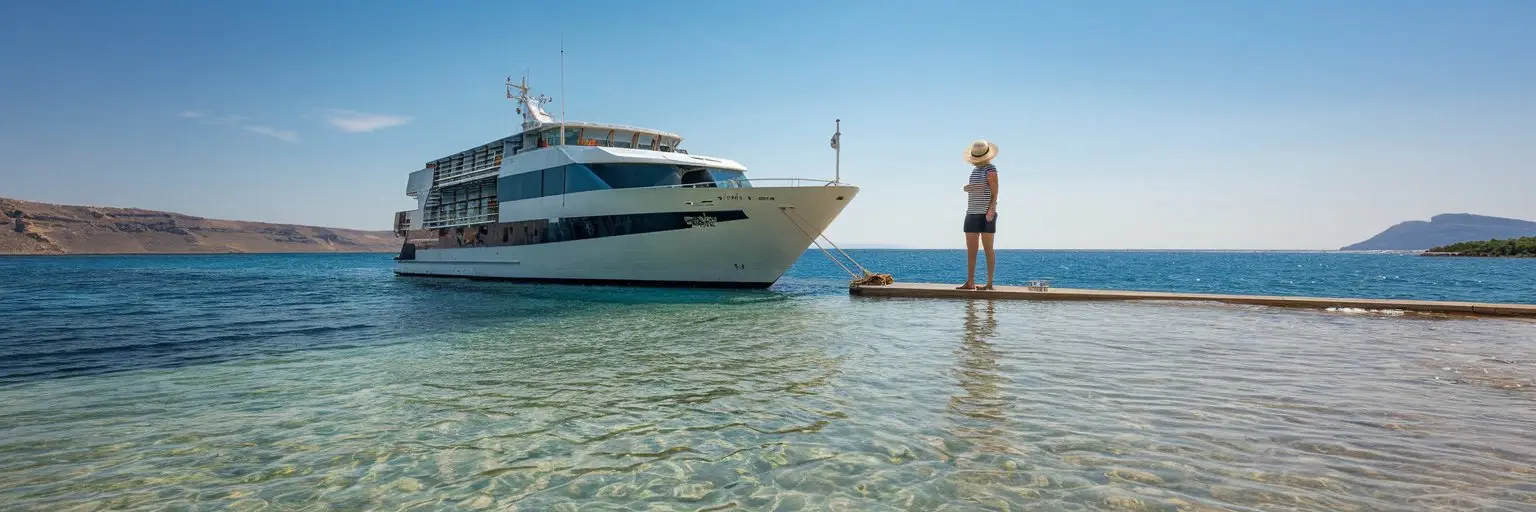 Lady looking at a luxury small cruise ship