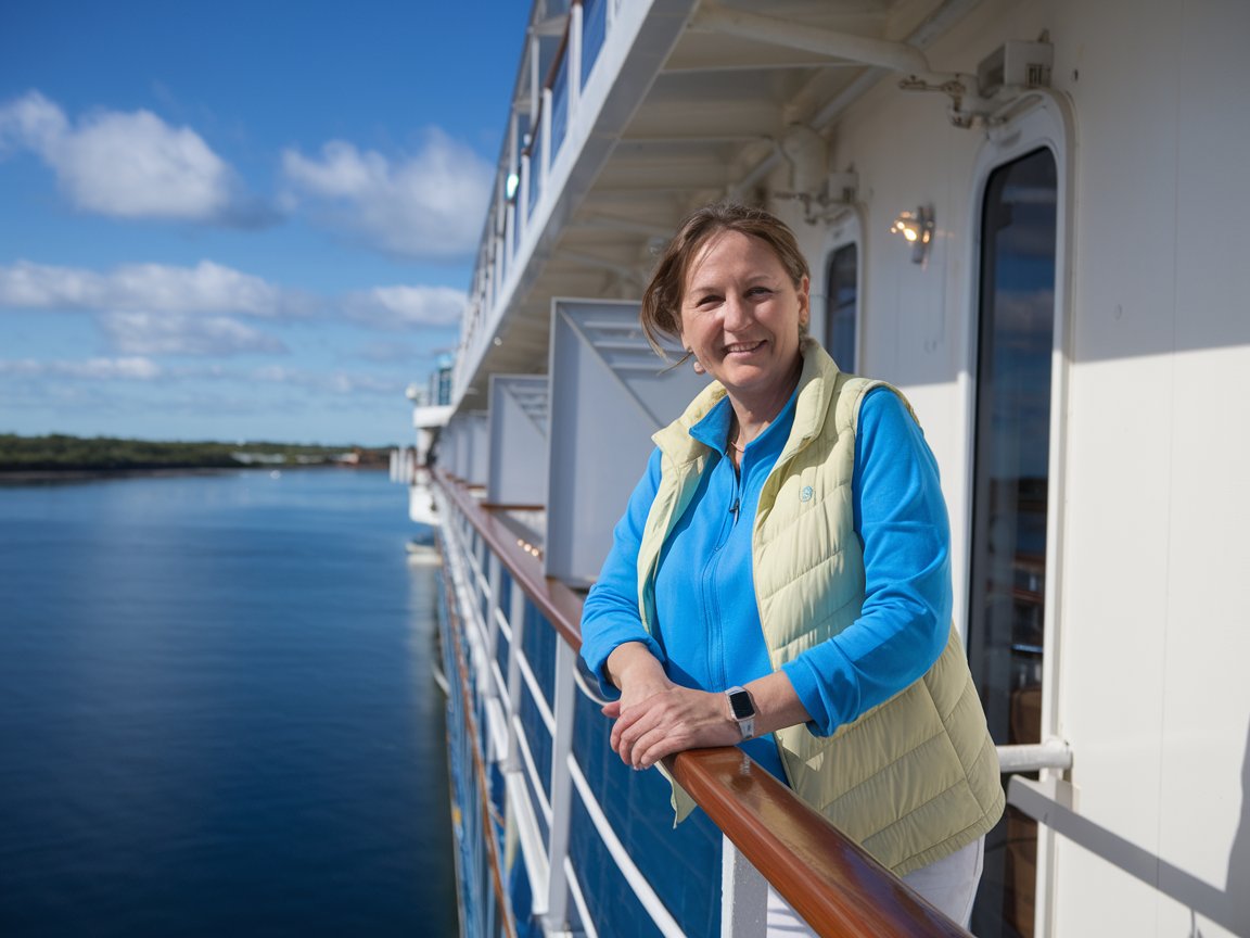 Lady looking over the side of her balcony cabin on a cruise ship