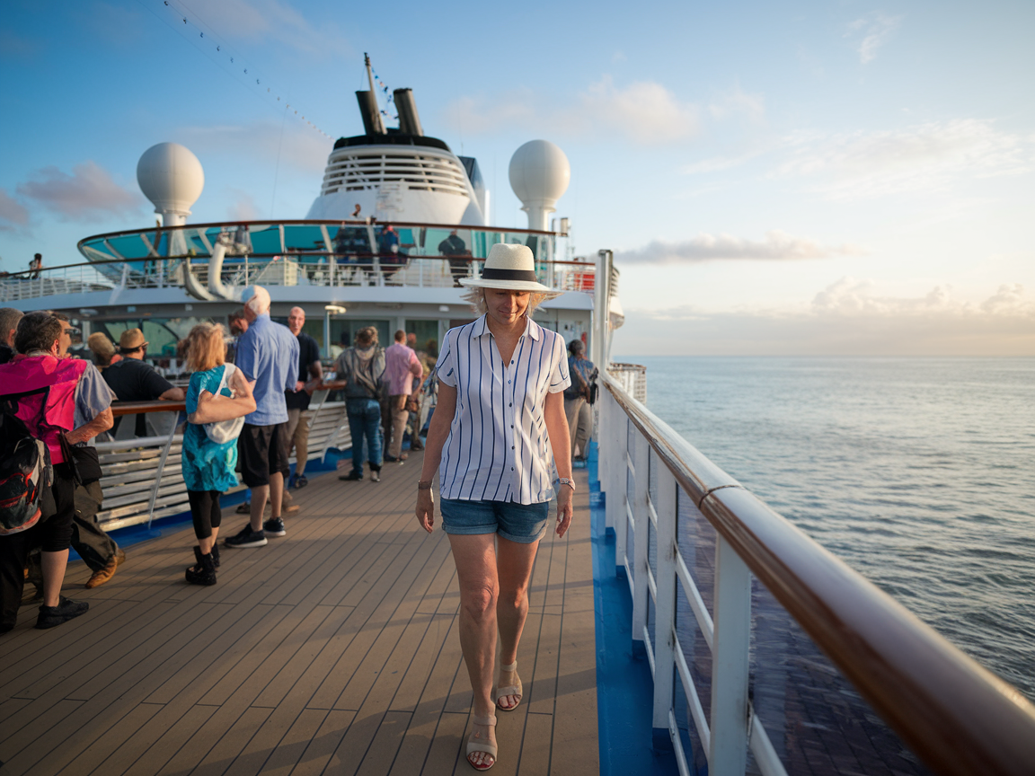 Lady on a singles cruise walking the deck on a cruise ship