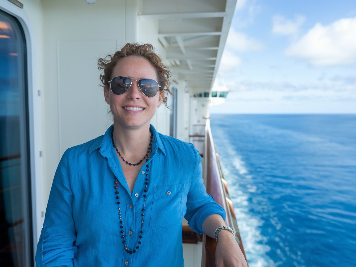 Lady on her balcony with the best location on a cruise ship