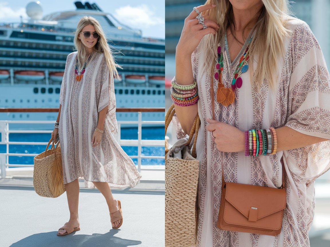 Wear a loose, patterned sundress with flat, comfortable sandals and a crossbody bag. Add colorful, boho-inspired jewelry and carry a woven market bag for your finds. Sunny day with a cruise ship in the background.