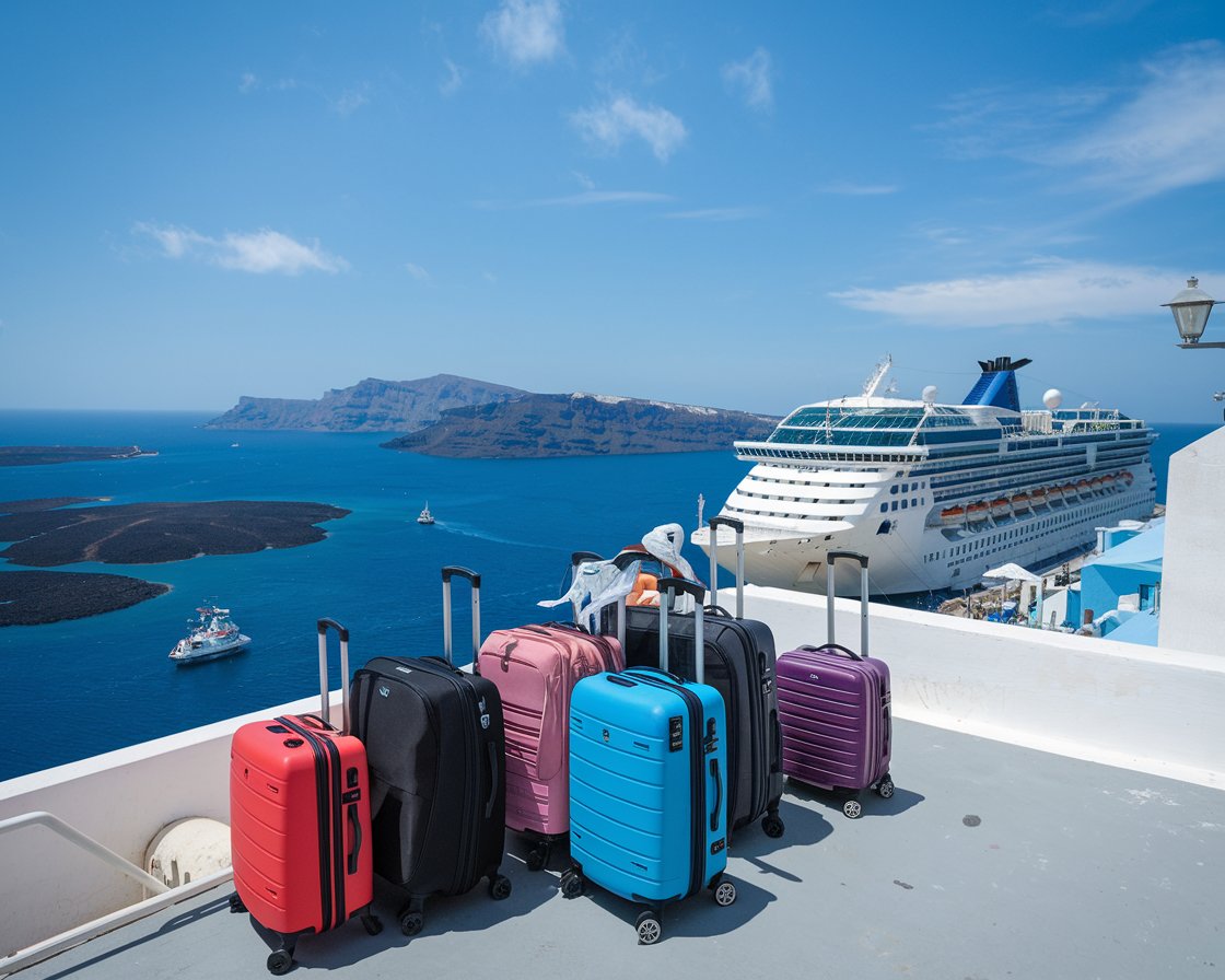 Luggage waiting to go on a cruise ship at Santorini Cruise port