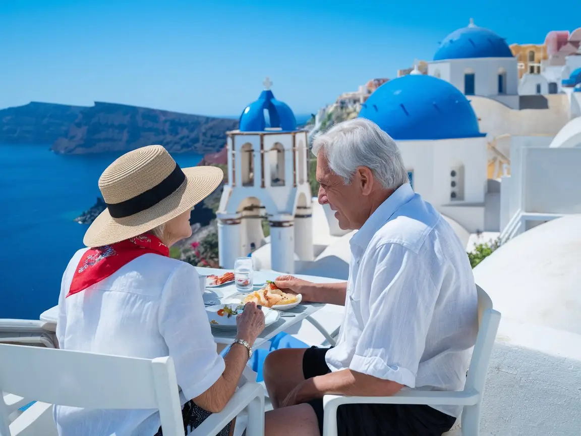 Man and a lady at a restaurant in Santorini from their cruise ship