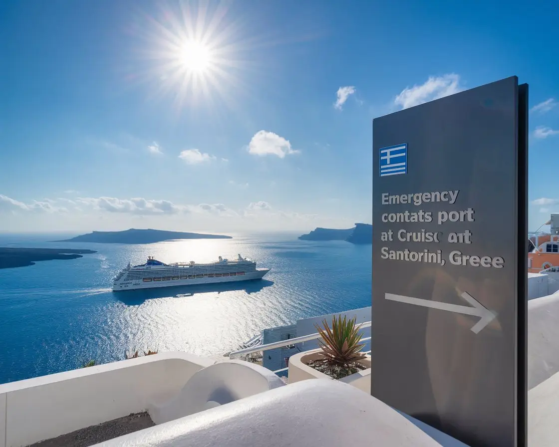 Modern Sign Emergency Contacts at Cruise Port at Santorini, Greece with a cruise ship in the background on a sunny day