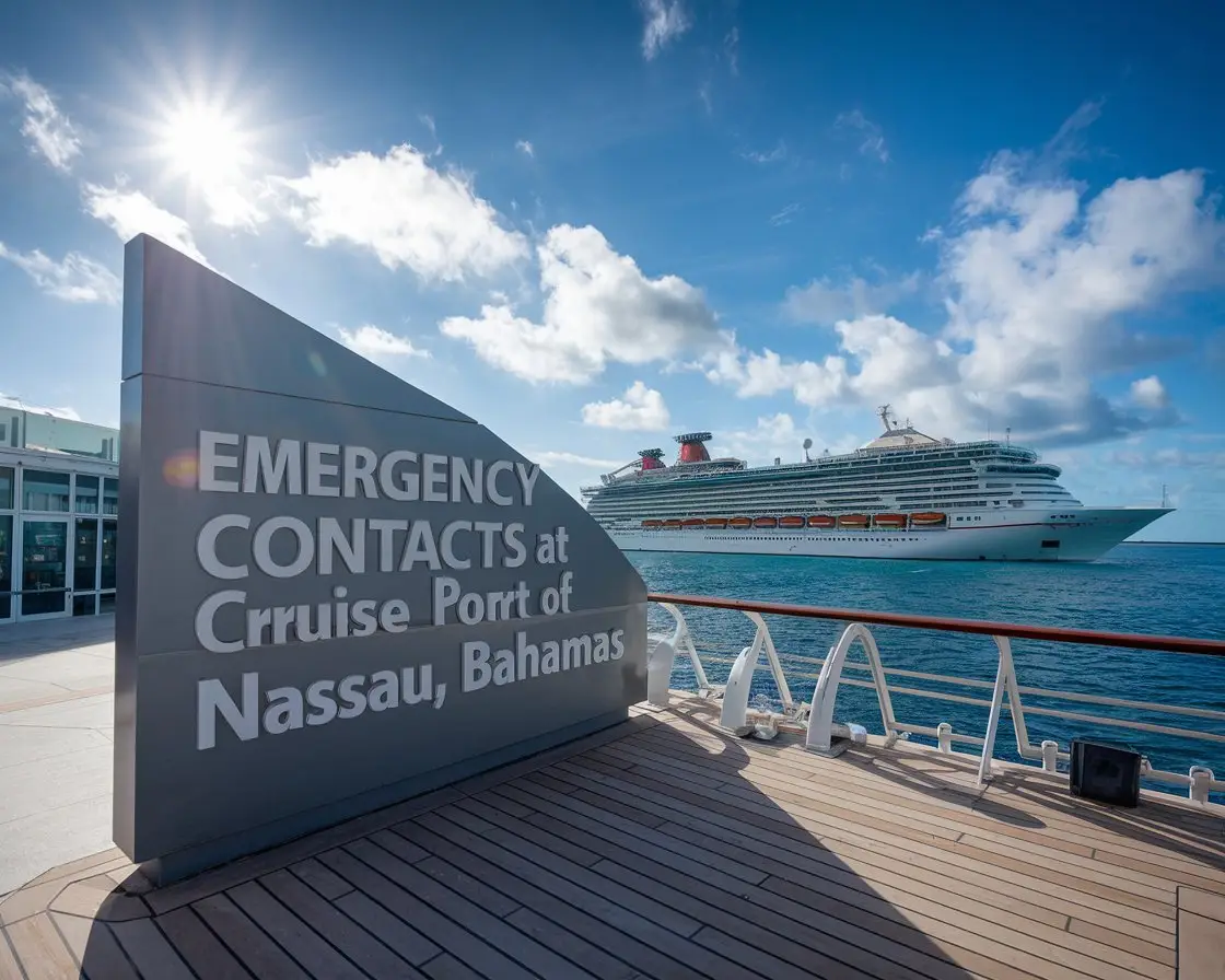 Modern Sign: “Emergency Contacts at Cruise Port of Nassau, Bahamas” with a cruise ship in the background on a sunny day