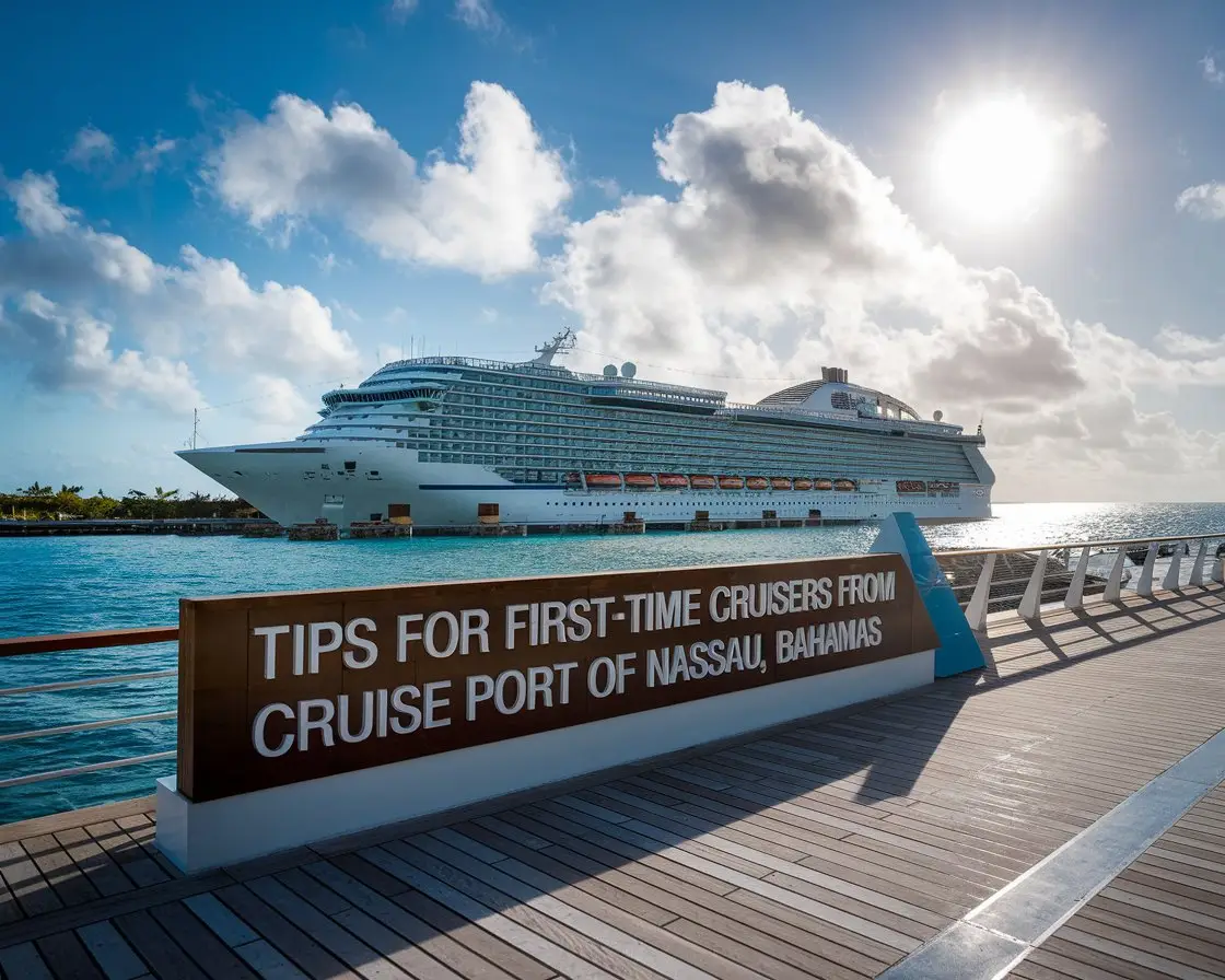 Modern Sign:”Tips for First-Time Cruisers from Cruise Port of Nassau, Bahamas” with a cruise ship in the background on a sunny day