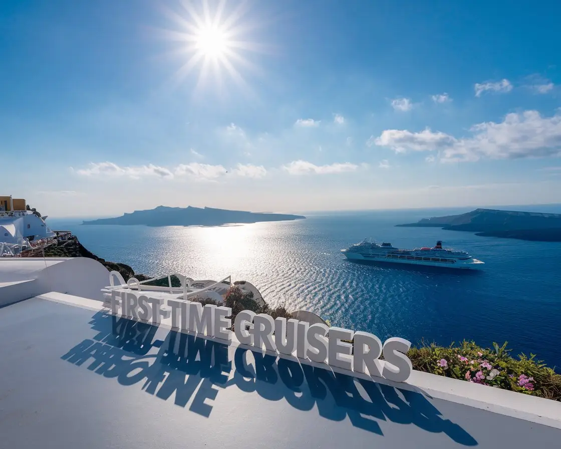 Modern Sign Tips for First-Time Cruisers from Santorini, Greece with a cruise ship in the background on a sunny day