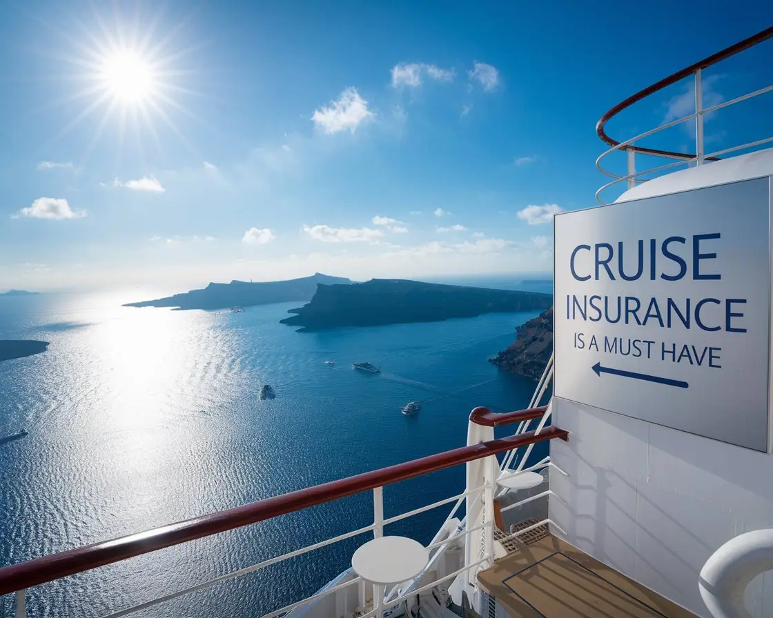 Modern sign “Cruise Insurance is a must have” on a cruise ship on a sunny day at Santorini.