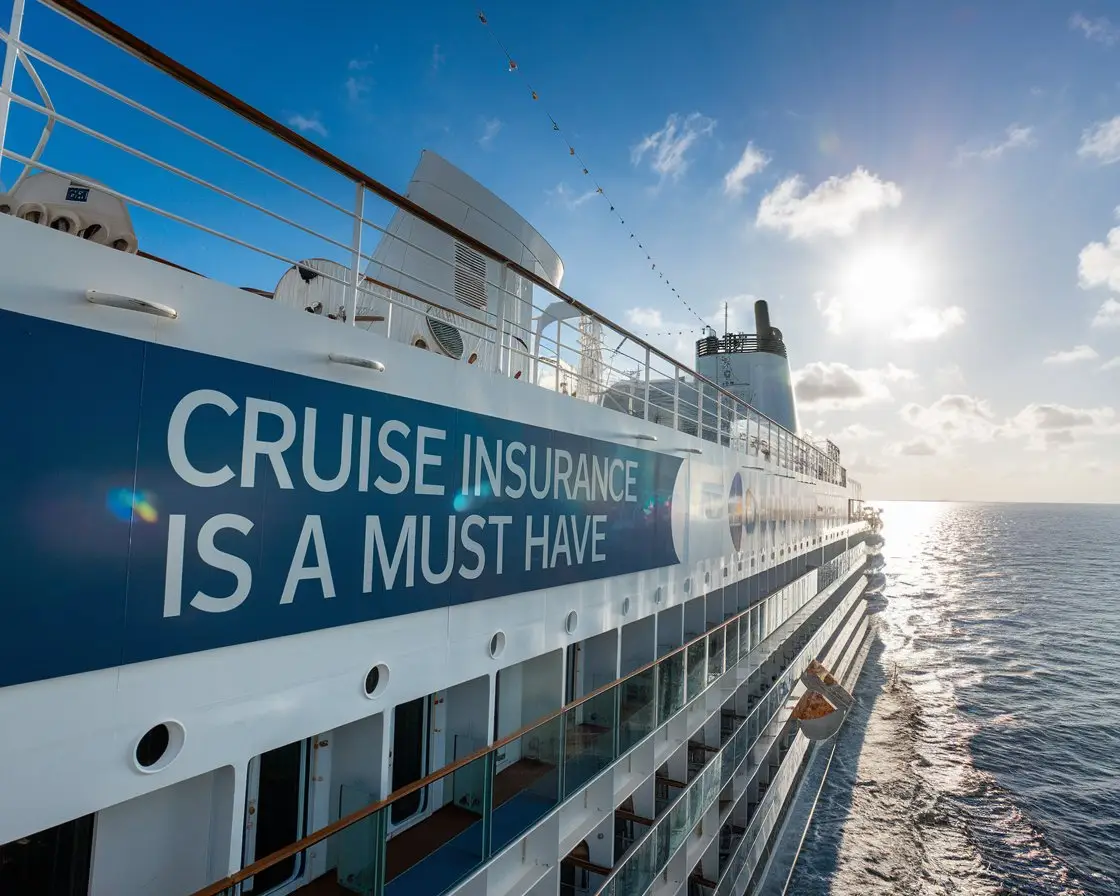 Modern sign: “Cruise Insurance is a must have” on a cruise ship on a sunny day.