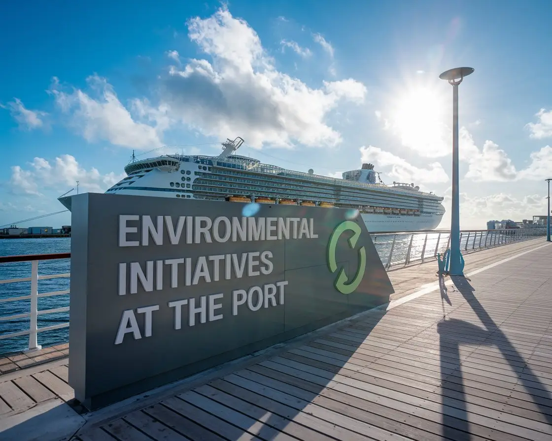 Modern sign: “Environmental Initiatives at The Port’ with a cruise ship in the background on a sunny day at Cruise Port of Nassau, Bahamas