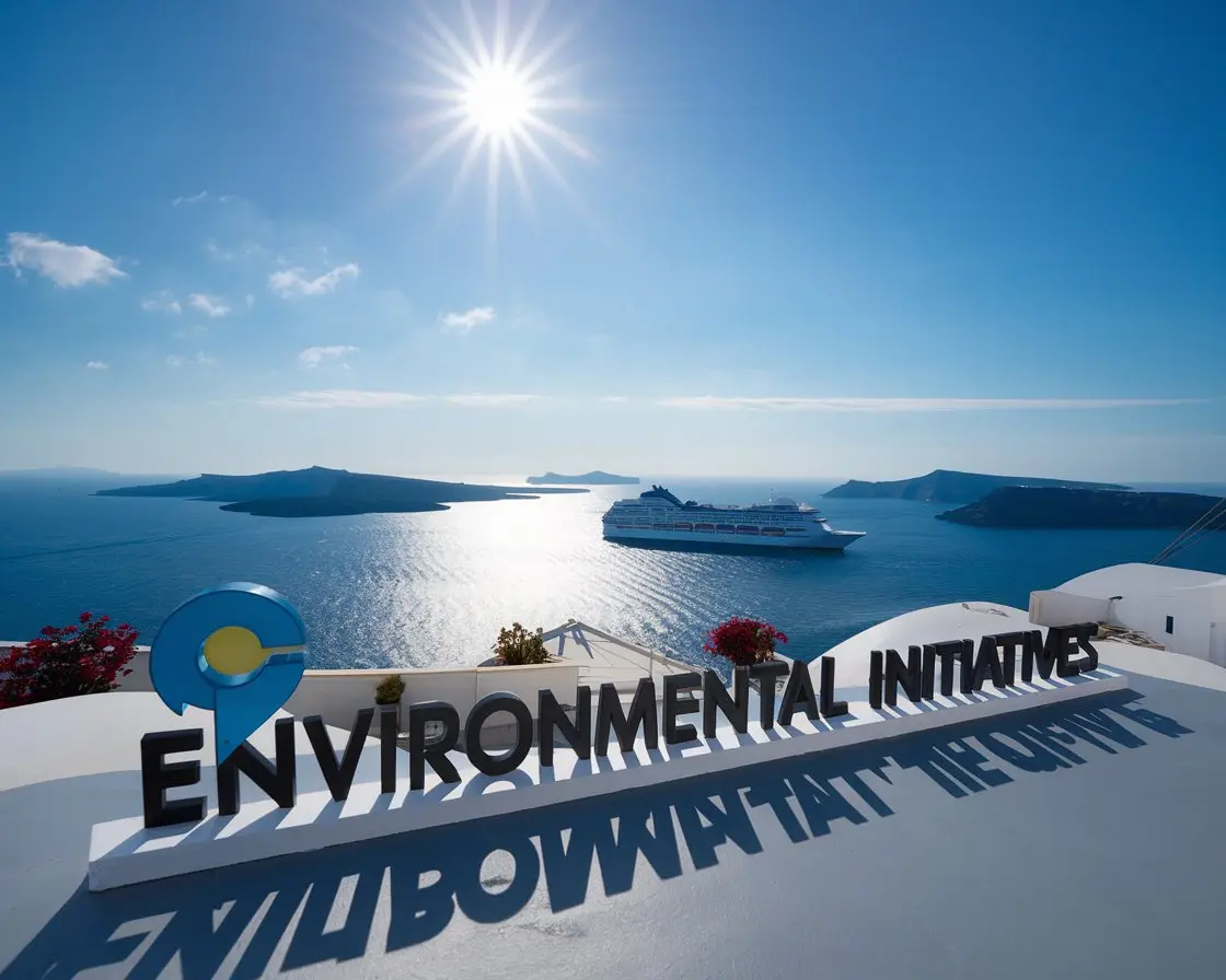 Modern sign “Environmental Initiatives at The Port’ with a cruise ship in the background on a sunny day at Santorini