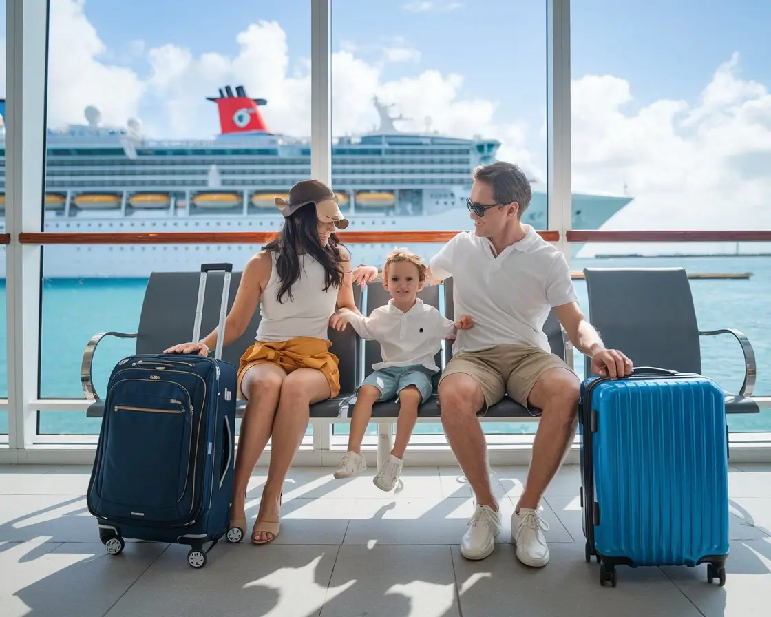 Mum, dad and 1 kid dressed in shorts with luggage. They are sitting in the waiting room at Cruise Port of Nassau, Bahamas. It's a sunny day with a cruise ship in the background.