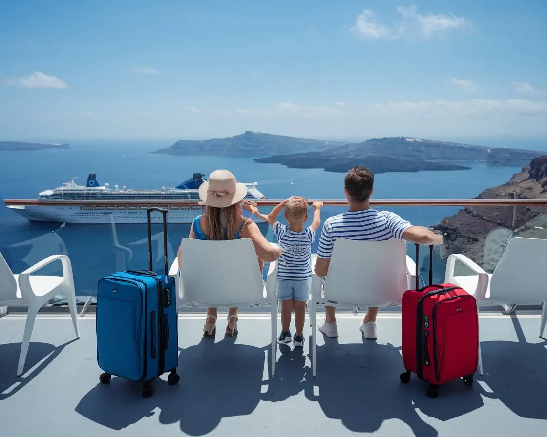 Mum, dad and 1 kid dressed in shorts with luggage. They are sitting in the waiting room at Cruise Port of Santorini, Greece. It's a sunny day with a cruise ship in the background.