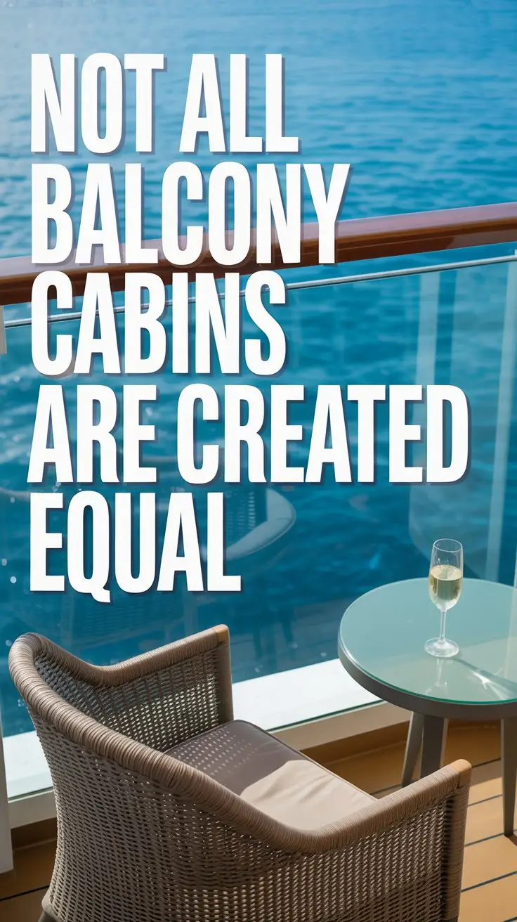 A photograph of a modern cruise ship balcony with a clear view of turquoise ocean water. Large, bold white text aligned to the left of the frame reads "Not All Balcony Cabins Are Created Equal". A comfortable wicker chair sits on the balcony, a partially consumed glass of sparkling wine rests on a small table beside it, highlighting the cabin's luxury. The bright sunlight reflects off the water, creating a sparkling, inviting atmosphere.