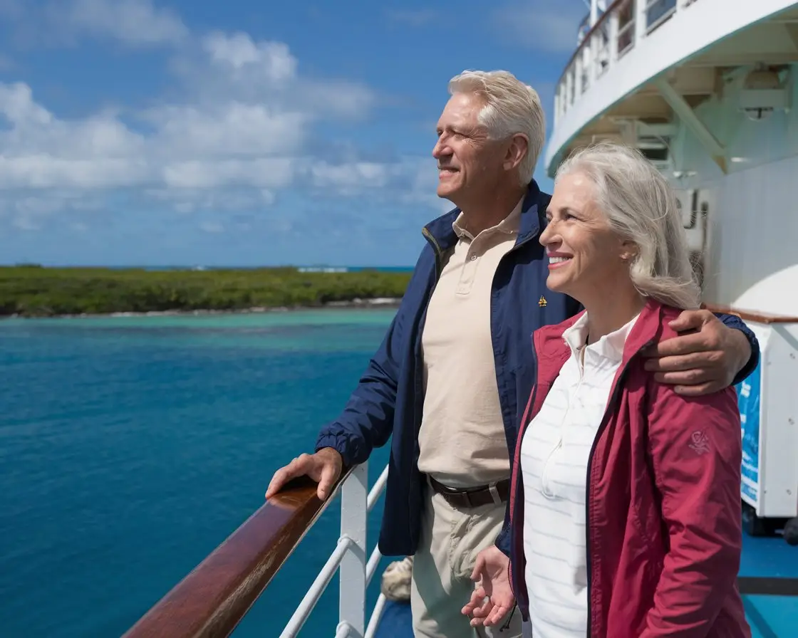 Older couple on the back of a cruise ship in the Cruise Port of Nassau, Bahamas on a sunny day