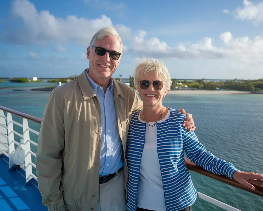 Older couple on the deck of a cruise ship in Cruise Port of Nassau, Bahamas on a sunny day