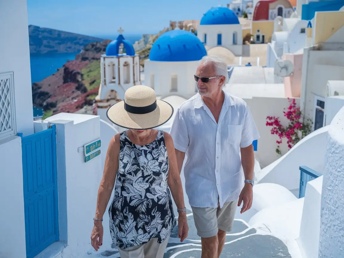 Older couple walking the streets of Santorini on a shore excurision from their cruise ship