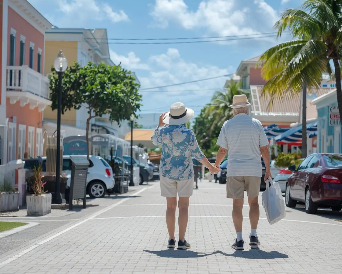 Older lady and man in sun hat, shorts, walking shoes in Nassau town on a sunny day