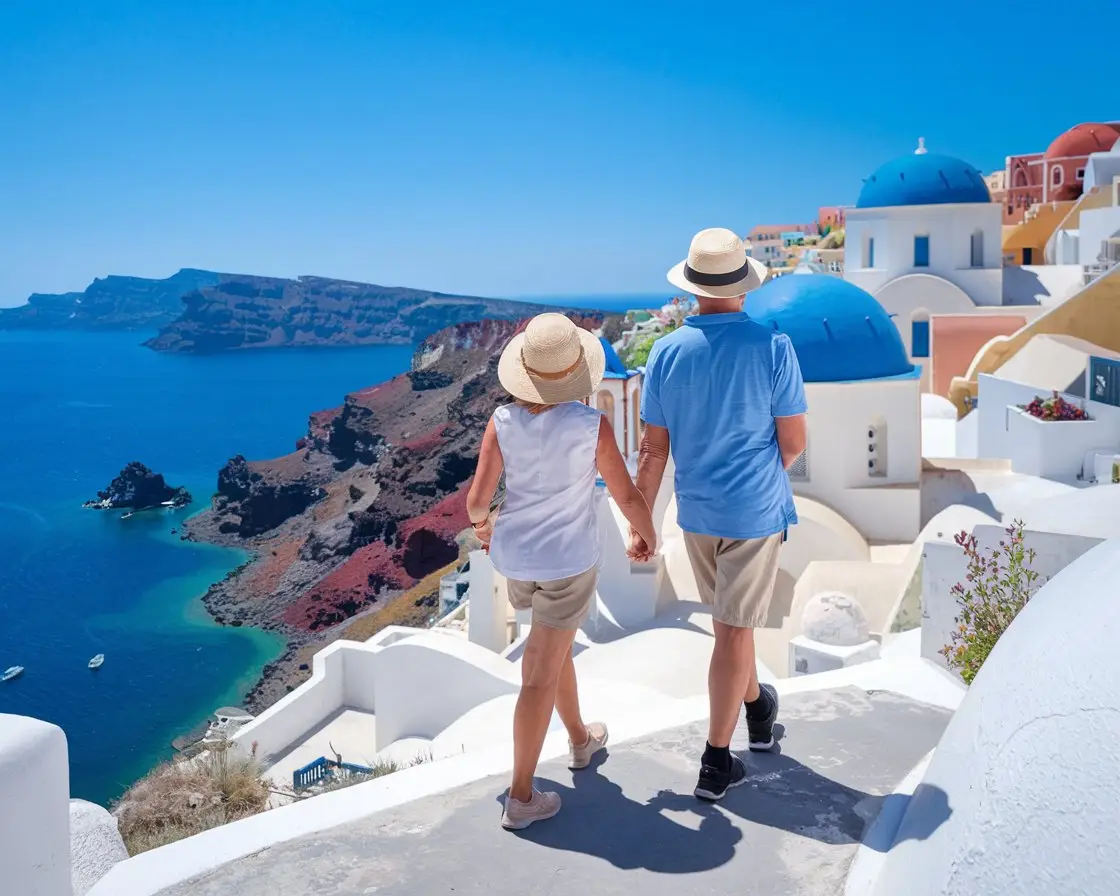 Older lady and man in sun hat, shorts, walking shoes in Santorini town on a sunny day