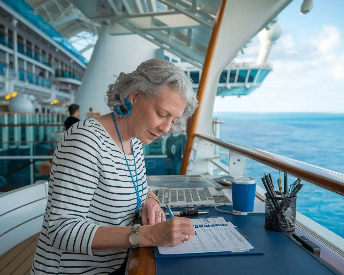 Older lady casually dressed writing at a desk on a cruise ship at Cruise Port of Nassau, Bahamas