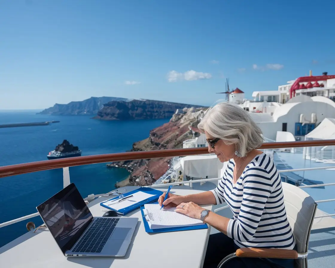 Older lady casually dressed writing at a desk on a cruise ship in Santorini Port