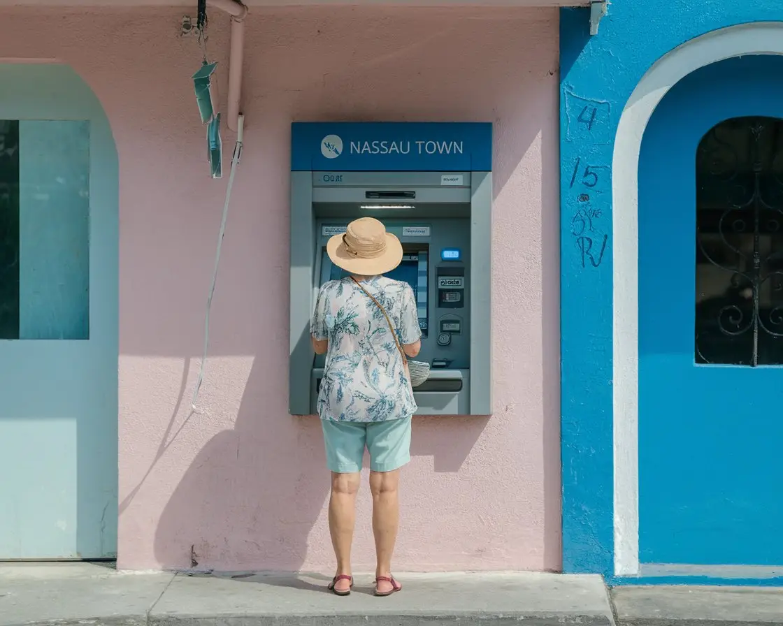 Older lady in sun hat and shorts at an ATM machine in Nassau town on a sunny day