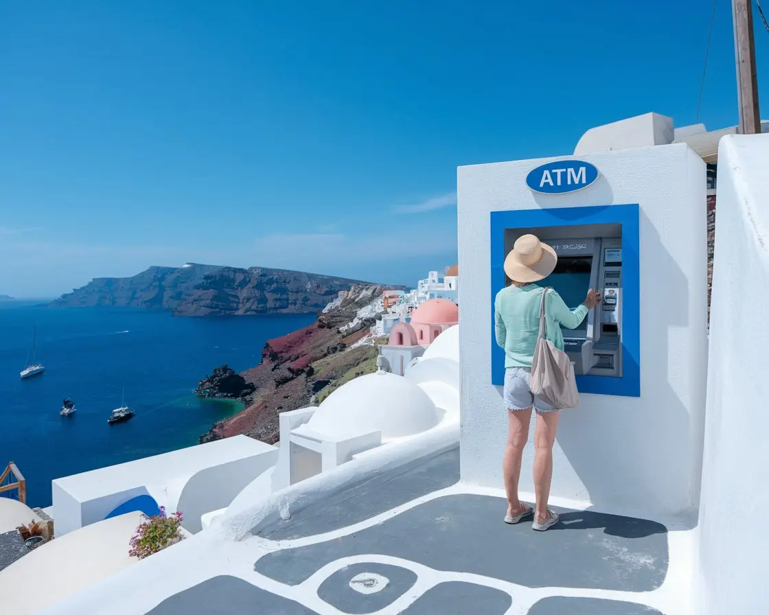 Older lady in sun hat and shorts at an ATM machine in Santorini town on a sunny day