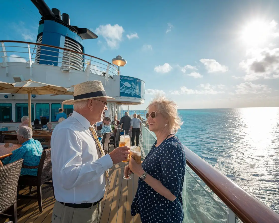 Older man and lady at the deck bar on a cruise ship on a sunny day at Cruise Port of Nassau, Bahamas