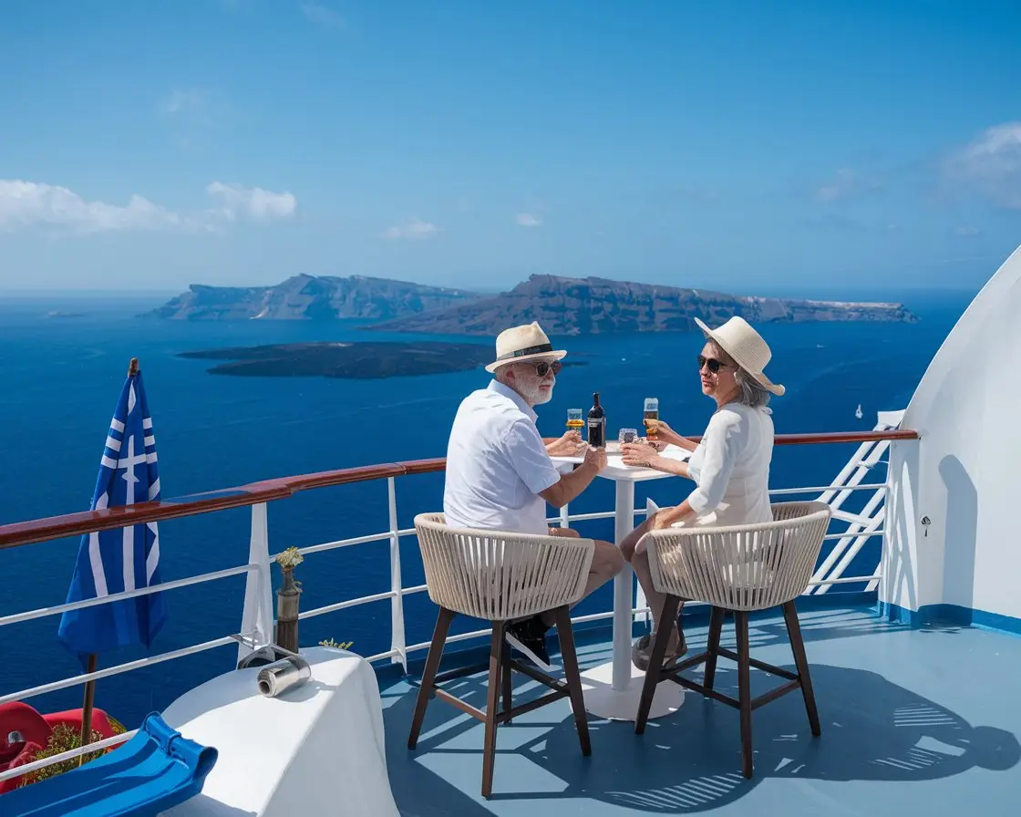 Older man and lady at the deck bar on a cruise ship on a sunny day at Santorini