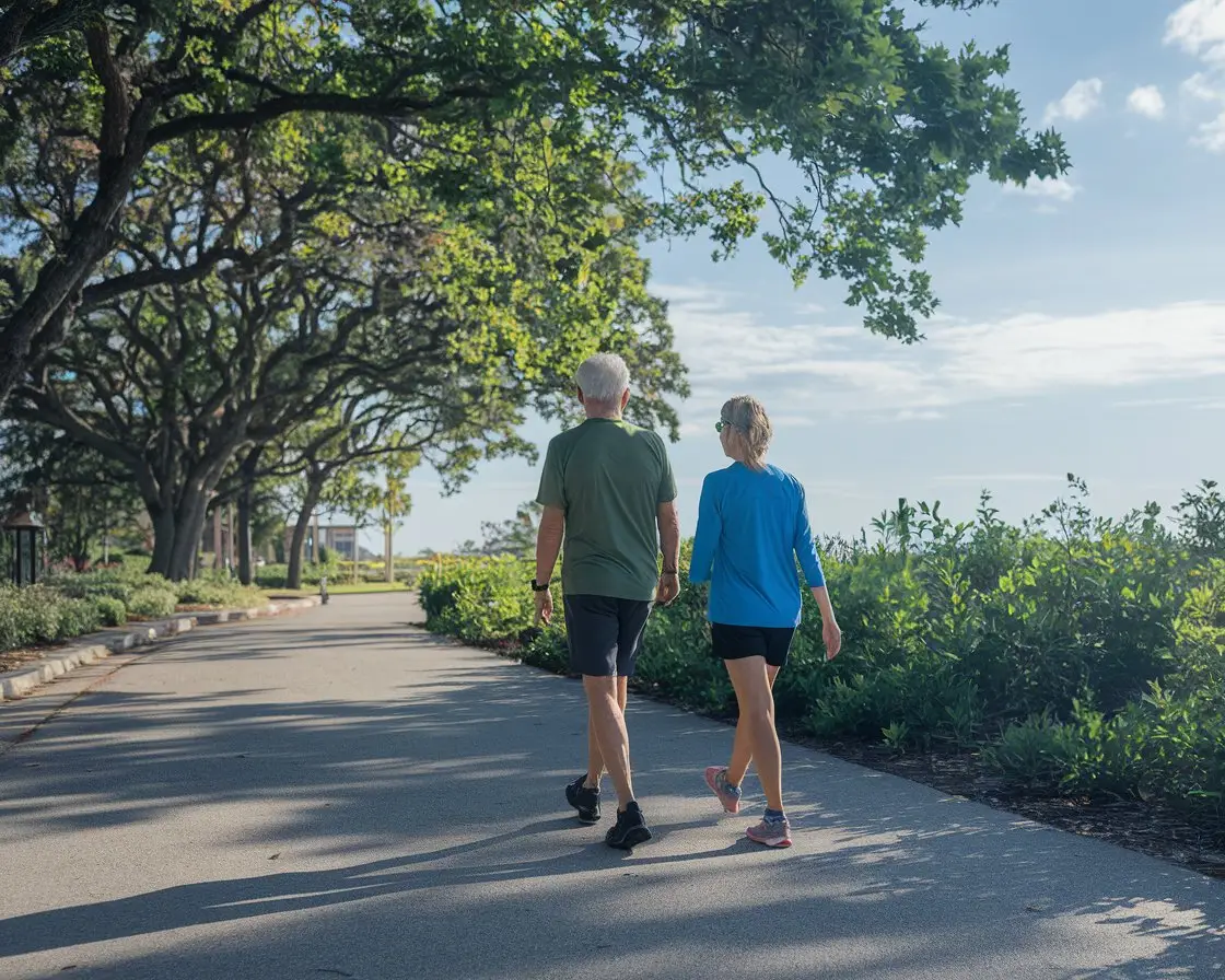 Older man and lady in walking shoes and shorts in Nassau on a sunny day