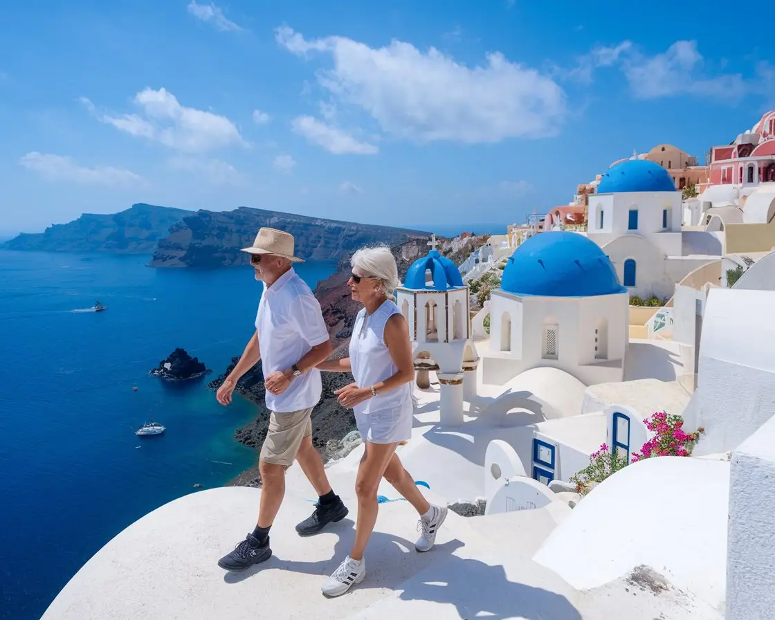 Older man and lady in walking shoes and shorts in Santorini on a sunny day