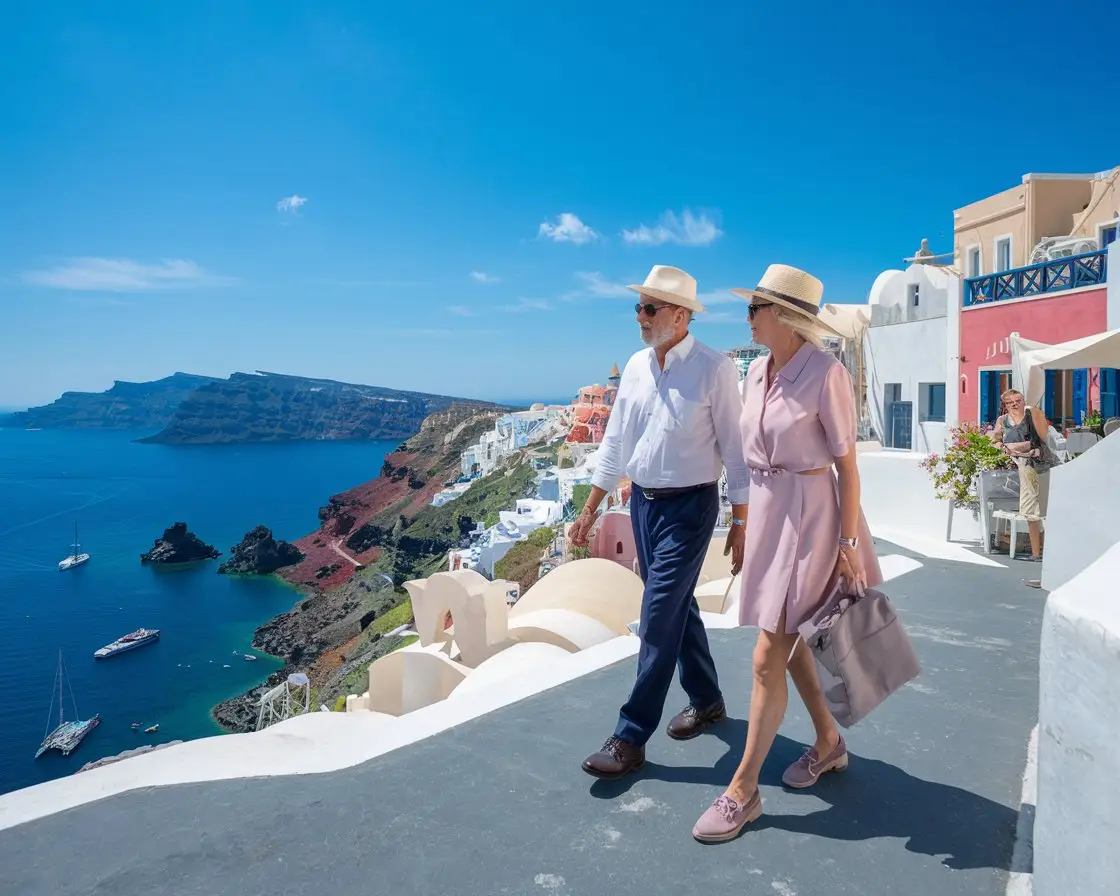 Older man and lady in walking shoes on Santorini Wine Festival on a sunny day