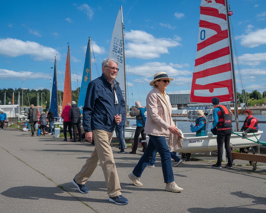 Older man and lady in walking shoes on a Regattas and Sailing Competitions on a sunny day